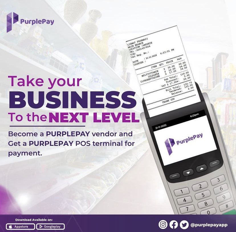 Dear Payple 👋💜
you can now become a Purplepay  Vendor and get a POS machine for your business. Visit business.purplepayapp.com

#vendor #posvendor #pointofsale #purplepay #scantopay #purplepayapp #posterminalmachine