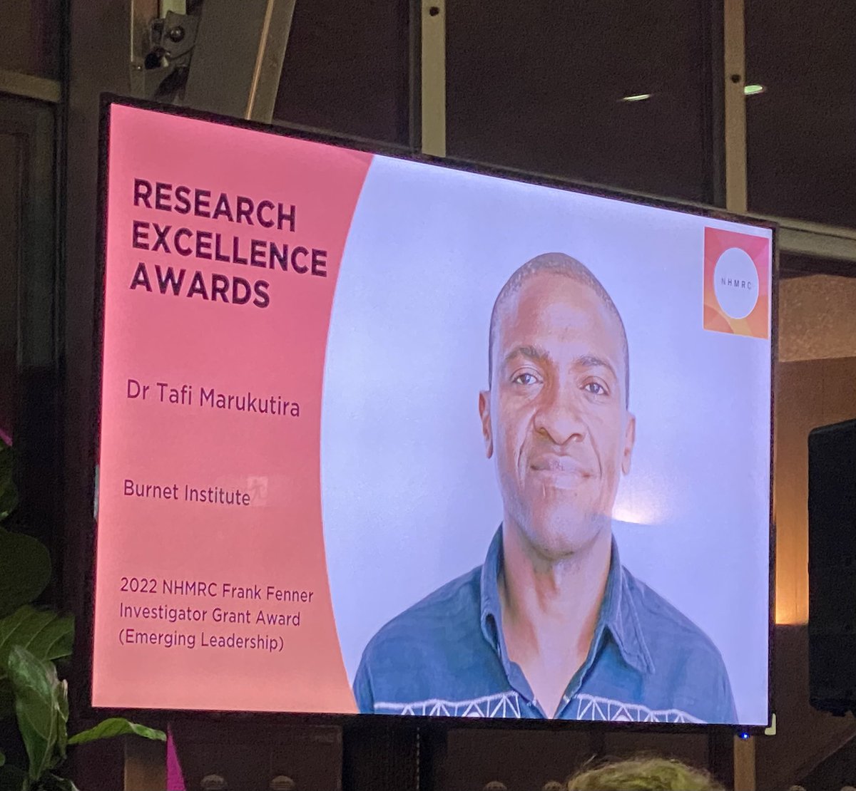 So thrilled to be at @nhmrc #nhmrcawards and see Tafireyi Marukutira @BurnetInstitute be awarded the Frank Fenner Investigator Award