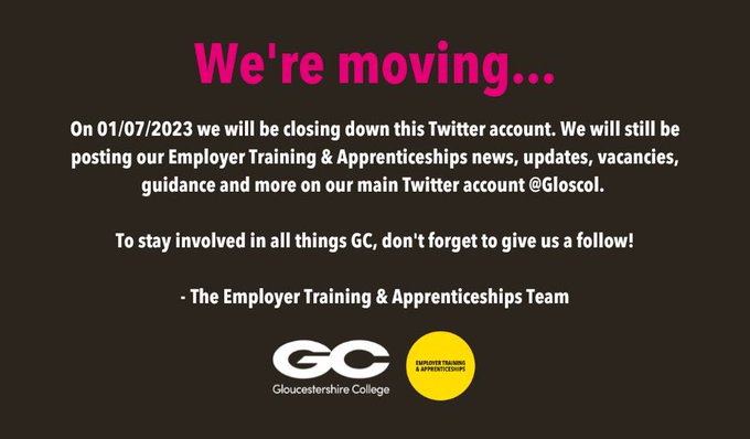 Gloucestershire College Apprenticeships (@gc_apprentices) on Twitter photo On 01/07/2023 we will be closing down this Twitter account. We will still be posting our news, updates, vacancies, guidance and more on our main Twitter account: <a href="/Gloscol/">Gloucestershire College</a>
To stay involved in all things GC, give us a follow!
-The Employer Training & Apprenticeships Team On 01/07/2023 we will be closing down this Twitter account. We will still be posting our news, updates, vacancies, guidance and more on our main Twitter account: <a href="/Gloscol/">Gloucestershire College</a>
To stay involved in all things GC, give us a follow!
-The Employer Training & Apprenticeships Team