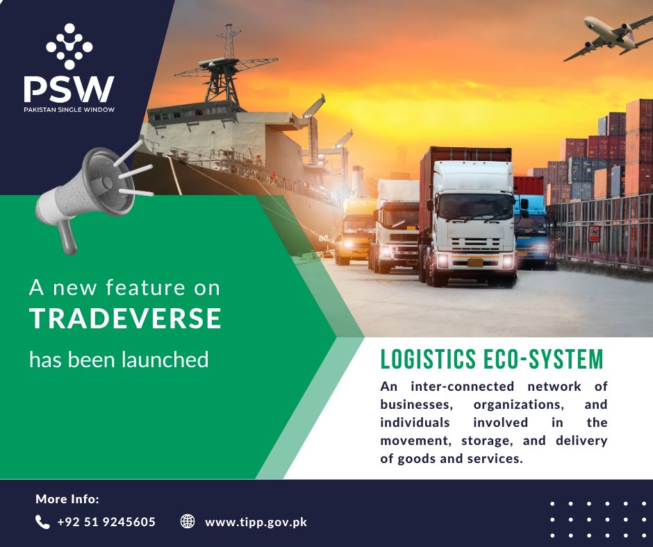 PakSingleWindow's tweet photo. #Tradeverse- TIPP has introduced new functionality that enables traders to access Pakistan's Logistics Ecosystem. With this feature, anyone, around the globe, can search for logistics service providers involved in the transportation, storage, &amp; delivery of goods &amp; services.
#psw https://t.co/dqaBbL2R8b