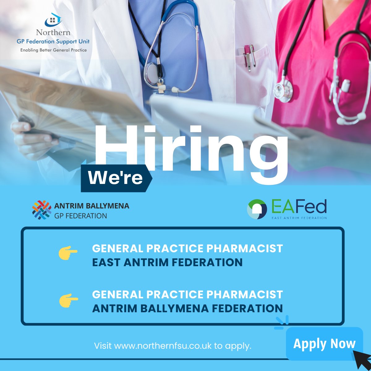 🧑🏻‍⚕️💊

We are seeking to recruit General Practice Pharmacists in Antrim Ballymena and East Antrim GP Federation. 

Apply here 👉🏻 northernfsu.co.uk/careers 

#GPfederations #primarycare #enablingbettergeneralpractice