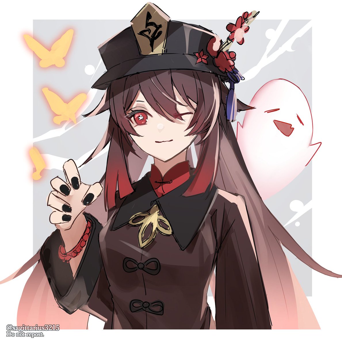 hu tao (genshin impact) 1girl one eye closed hat red eyes ghost brown hair black nails  illustration images