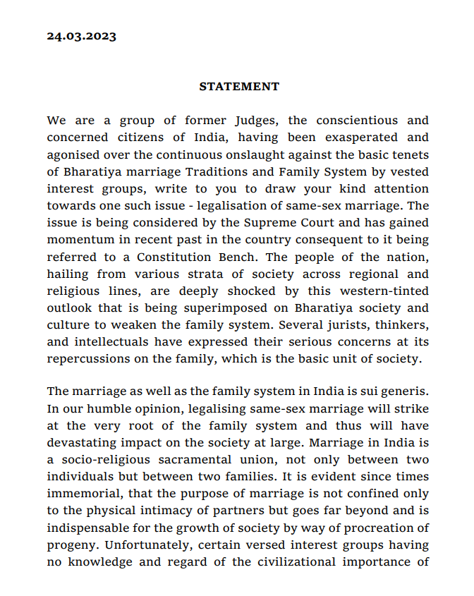 ANI's tweet photo. A group of former Judges issue a statement over the issue of legalisation of same-sex marriage. 

"We respectfully urge the conscious members of the society including those who are pursuing the issue of same-sex marriage In Supreme Court to refrain from doing so in the best interest of Indian society and culture," reads the statement.
