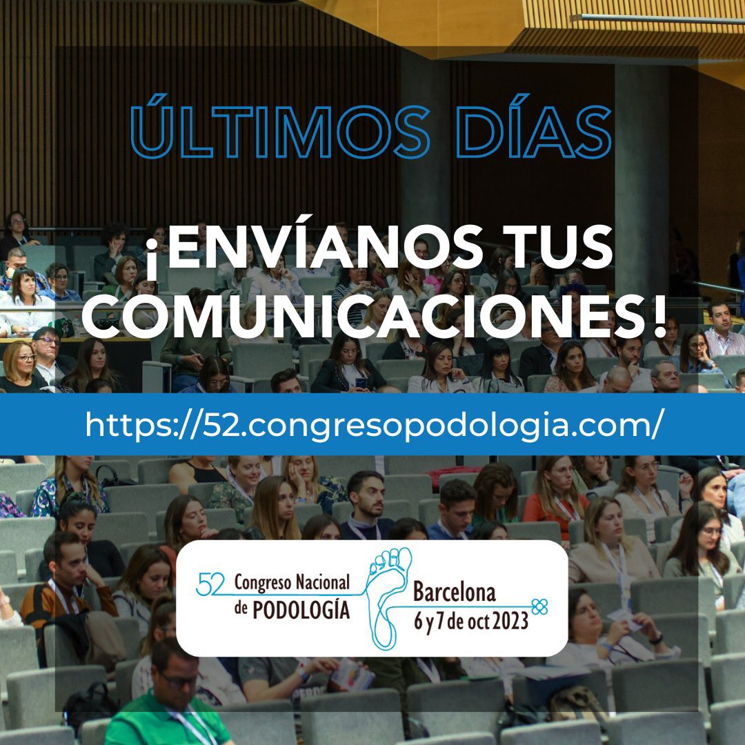 CongrePodologia's tweet photo. Atención compañeros/as ‼️

👋 Os recordamos que el plazo de comunicaciones (ponencias orales y pósters) del 52 Congreso Nacional de Podología finaliza el próximo viernes 31 de marzo de 2023, no lo dejéis para el último momento.

➕ info 👉https://t.co/zK757Gv5am

#52cnp https://t.co/320B4nu3J3