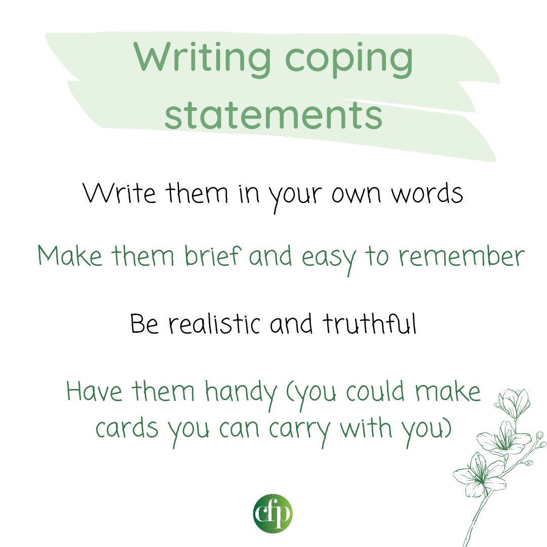 Centre4Psych's tweet photo. Here is some guidance on writing your own coping statements. An example: Instead of "I can't take it any more"... we might say "This is uncomfortable but I can handle it if I take slow and deep breaths"
#copingstatements #anxiety #mentalhealthmatters #selfhelp #CBT #wellbeing https://t.co/Q1JL8aDCxr