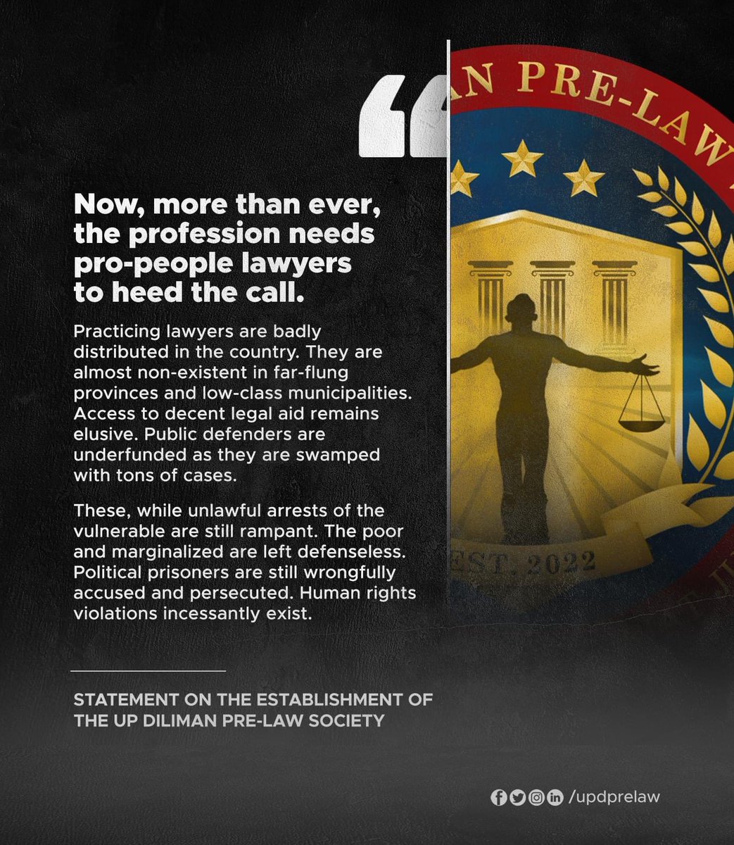 updprelaw's tweet photo. 𝐒𝐭𝐚𝐭𝐞𝐦𝐞𝐧𝐭 𝐨𝐧 𝐭𝐡𝐞 𝐞𝐬𝐭𝐚𝐛𝐥𝐢𝐬𝐡𝐦𝐞𝐧𝐭 𝐨𝐟 𝐓𝐡𝐞 𝐔𝐏 𝐃𝐢𝐥𝐢𝐦𝐚𝐧 𝐏𝐫𝐞-𝐋𝐚𝐰 𝐒𝐨𝐜𝐢𝐞𝐭𝐲

Now, more than ever, the profession needs pro-people lawyers to heed the call. https://t.co/xvViXBYwoE