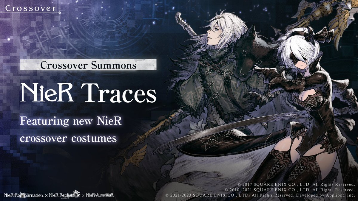 NieRReinEN's tweet photo. NieR Traces Crossover Summons!

Summon 2B and The World Ender's Crossover Costumes!

Try taking on the Crossover quests with them in your party for a surprise!

#NieR #NieRReincarnation #NieRAutomata #NieRReplicant https://t.co/IhA3AK423w