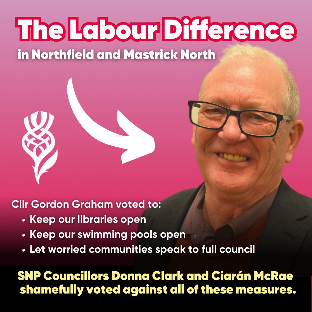 AberdeenLabour's tweet photo. On Monday, @AberdeenLabour Cllr Gordon Graham voted:
- to keep our libraries open
- to keep our swimming pools open
- to let worried communities speak to full council
That's the #LabourDifference at work for residents in Northfield and Mastrick North. https://t.co/pcrleDuE1F