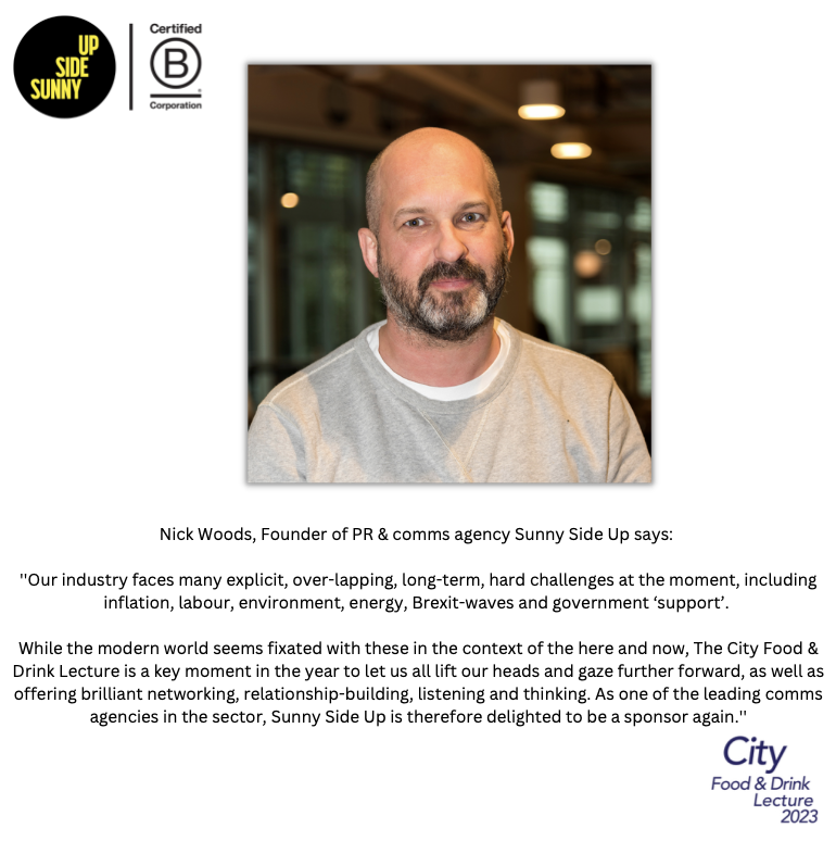 CityFoodLecture's tweet photo. Founder of PR & Comms agency & sponsor Sunny Side Up, Nick Woods, shares his insight on the current challenges our industry faces, and the value of the City Food & Drink lecture...
#CFDL2023 #CFDLSponsor #SunnySideUpComms https://t.co/dZLCUgM0H3