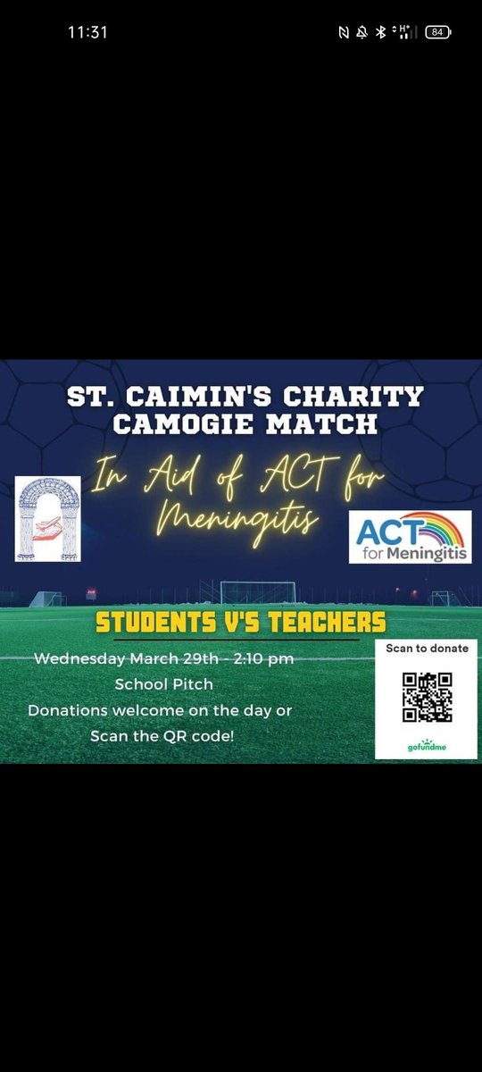 Niamh O'Dea (@niamhodea) on Twitter photo A massive thank you to the <a href="/OfficialCamogie/">The Camogie Association</a> who showed their support, of St.Caimin's Staff v Students charity camogie match in aid of ACT for Meningitis, by providing all the essential equipment needed. 
May the best team win.
 gofund.me/79b64ef8 A massive thank you to the <a href="/OfficialCamogie/">The Camogie Association</a> who showed their support, of St.Caimin's Staff v Students charity camogie match in aid of ACT for Meningitis, by providing all the essential equipment needed. 
May the best team win.
 gofund.me/79b64ef8