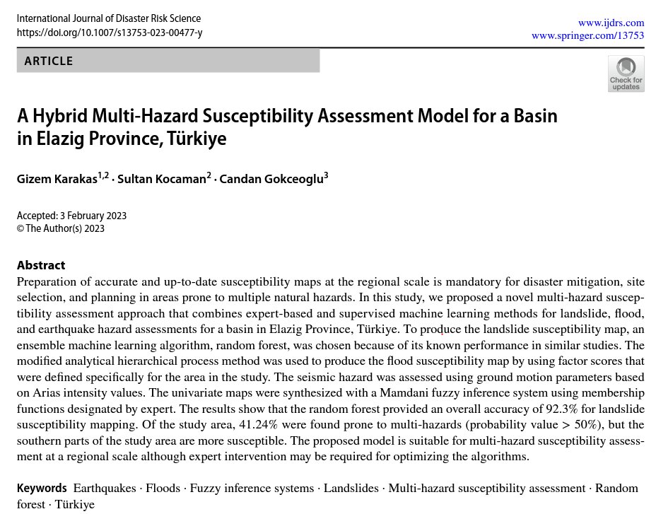 Our research on #multihazard assessment with #MachineLearning is now online. More studies are needed for proper site selection link.springer.com/article/10.100… @CGokceoglu @gzmkrks2