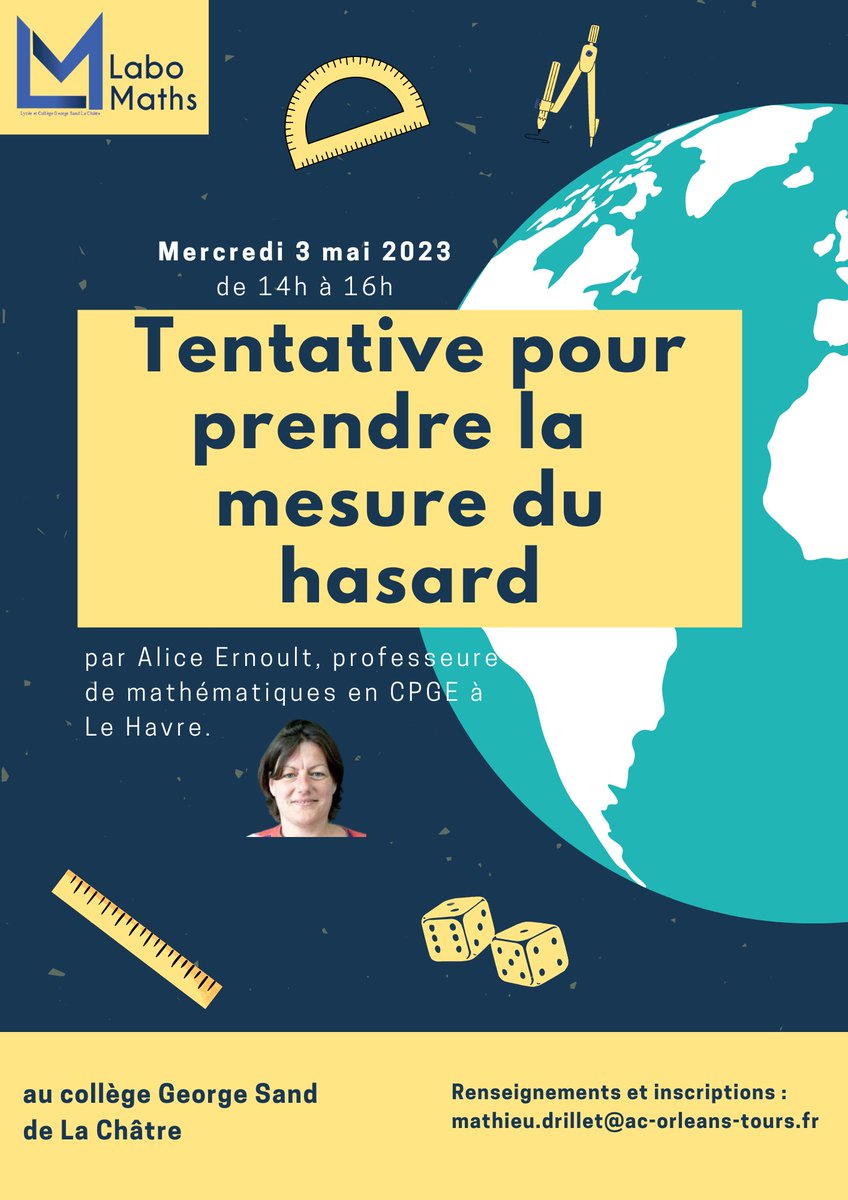 DrilletMathieu's tweet image. Le mercredi 3 mai, au #LaboMaths de La Châtre, nous avons la chance et le plaisir de recevoir Alice Ernoult (@Alice8076) qui animera une séance pour les professeurs autour de la théorie de la mesure et les liens du collège au supérieur.
📣N’hésitez pas à nous rejoindre.