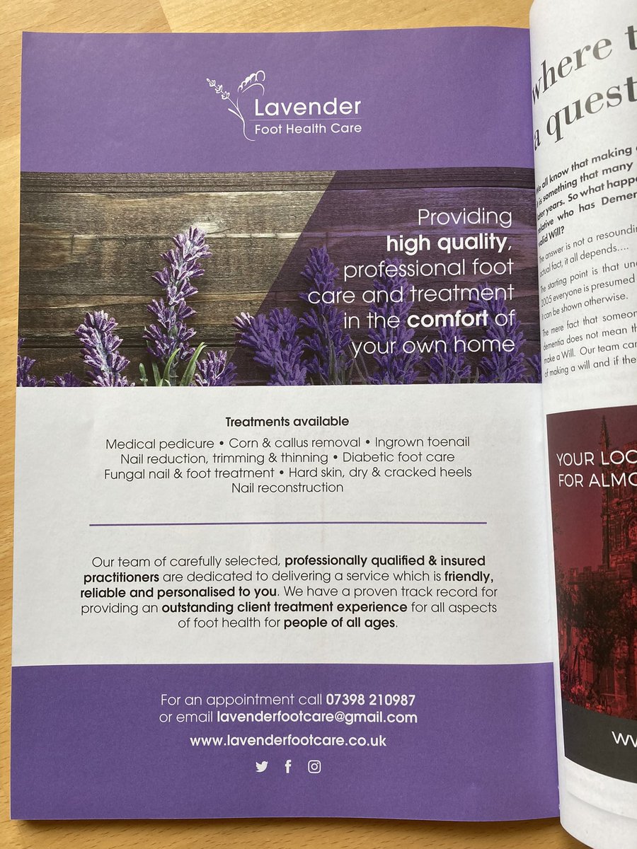 lavenderfhc's tweet photo. Really pleased with our inclusion in this month’s Lifestyle Magazine Ltd. If you’re looking for treatment for foot problems or just fancy a professional medical pedicure, then just give us a call, email, or visit our website. https://t.co/4C3BXP0jlb