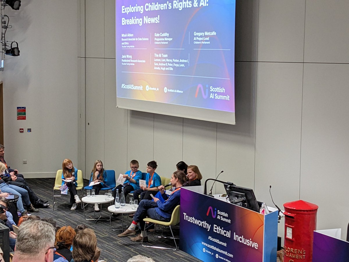 Yesterday at #ScotAISummit it was such a joy to share the stage with our amazing AI team (aged 9 - 11) who had travelled from Shetland, Edinburgh, Glasgow and Stirlingshire to share what they have learned about AI and what the AI community needs to know about children's rights.