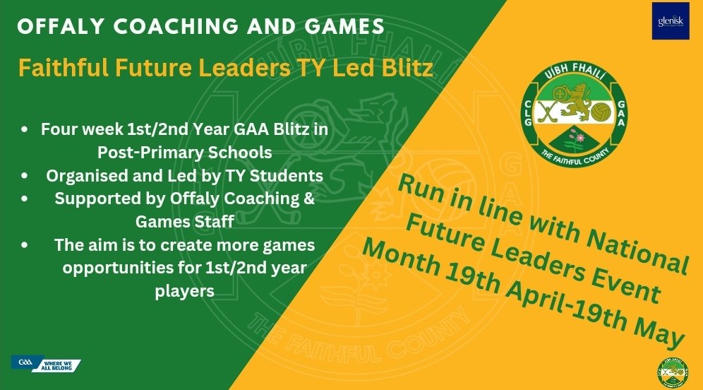 Offaly C&amp;G are offering Post-Primary Schools the opportunity to take part in our Faithful Future Leaders Programme as part of Future Leaders Event Month.

This programme helps to support TYs in organising and leading a 4 week 1st/2nd year blitz in the school.

#TheFaithful
