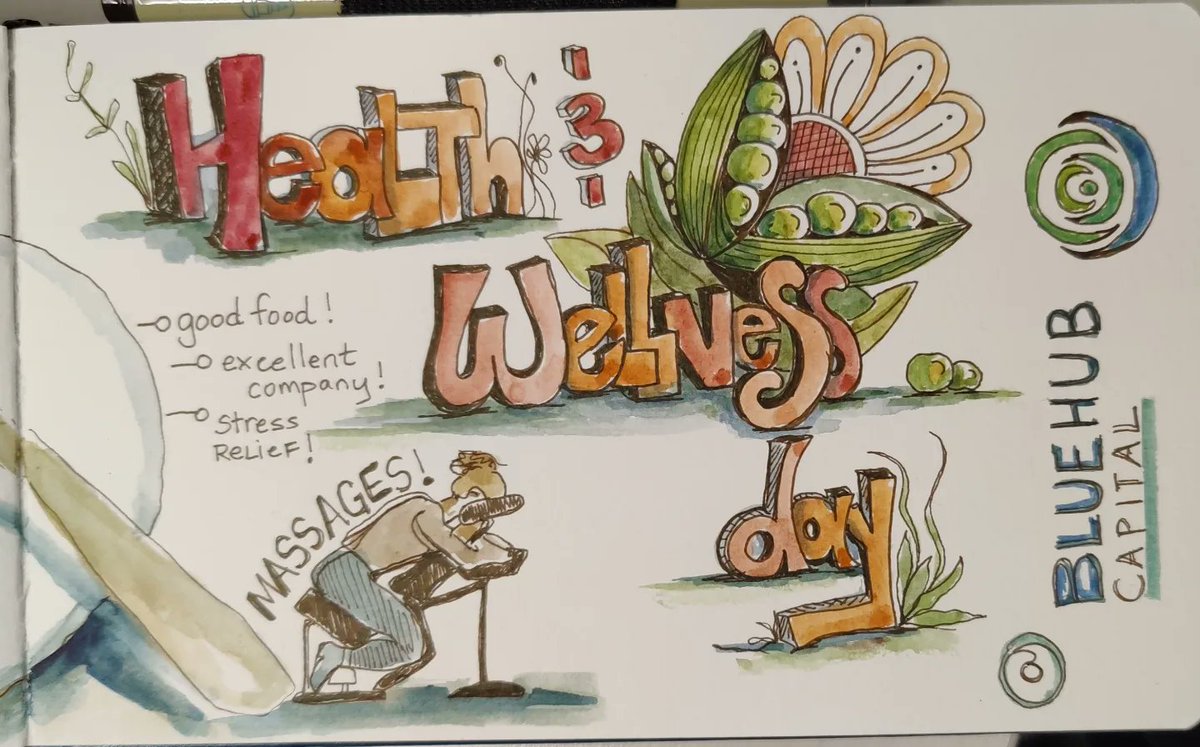 barrerocks's tweet photo. @BlueHubCapital employees were treated to a Health and Wellness day replete with lunch from Clover and chair massages! I brought my sketchbook to commemorate the fun. Art is wellness too! See comments for more pics. https://t.co/JMYwXAcrrW