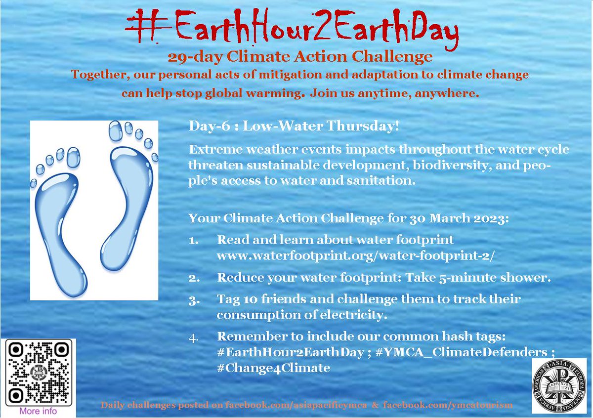 asiapacificymca's tweet photo. Here's your Climate Action Challenge for Day-6 (30 March 2023)
Not too late to join now.
Let us know you are participating https://t.co/UgwWGN5Awn
Please help amplify the campaign.
#EarthHour2EarthDay
#YMCA_ClimateDefenders
#Change4Climate
#YMCASustainablePlanet https://t.co/pGUI2tHitT
