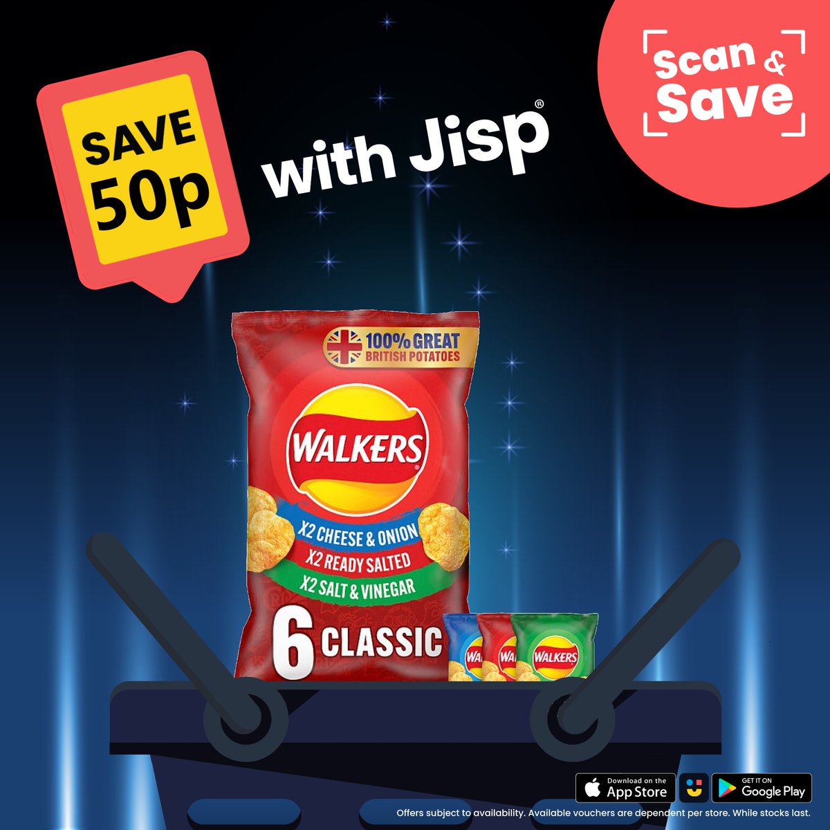 NisaLocalAshley's tweet image. Unlock this brilliant saving on #Walkers 6 Pack Variety, only available with #ScanAndSave via the #Jisp app! And don't forget, after redeeming 25 Scan &amp;amp; Save vouchers in store, you get an additional £2.50 voucher to put towards your total shop, no @jispapp products needed!