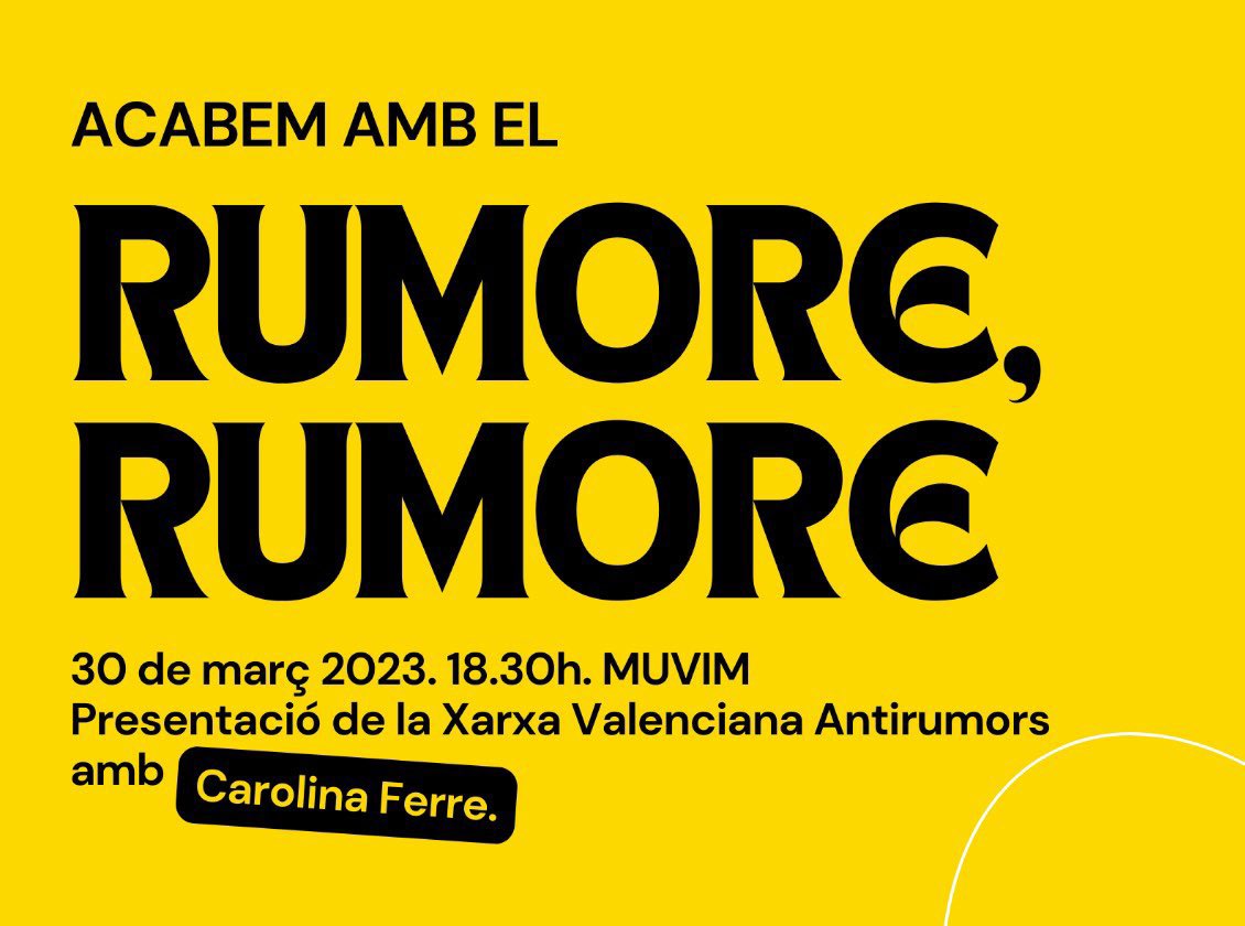 calcsicova's tweet photo. 🗓️Demà participem en la presentació de “#RUMRUM”, la Xarxa Valenciana Antirumors, una iniciativa col·lectiva per a construir una societat més #inclusiva que reconega la #diversitat com un enriquiment comú.
🕠18:30 h📍@MuVIM
📲https://t.co/Olfh56x8MV https://t.co/qG3coLLkwY