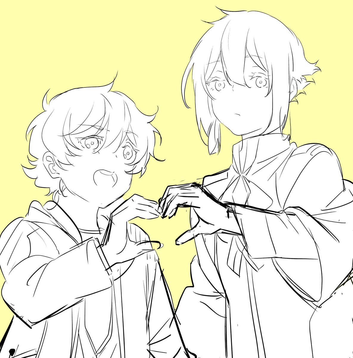 2boys multiple boys heart hands yellow background male focus heart hands duo jacket  illustration images