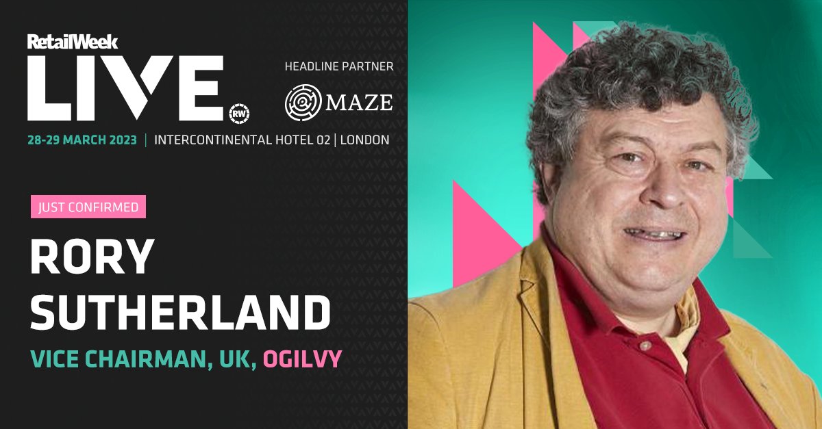 Joining the @RetailWeek LIVE roster of bright & curious minds  is our very own @RorySutherland. The top behavioural scientist will be sharing his take on what matters most in #retail. Discover more here: bit.ly/3JTYyeD

#RWL2023 #BorderlessCreativity #BehaviouralScience