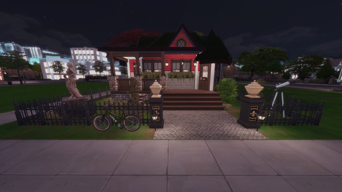 KlausSims's tweet photo. I did @limsimsie's Simsie Lil Shell Challenge! I made an egregiously expensive tiny home with a queen anne theme. I grew up around colorful victorian homes and wanted an excuse to use a green roof with red walls. If you ever want funky outside colors, go victorian #SimsieLilShell https://t.co/ifStCKiXXt