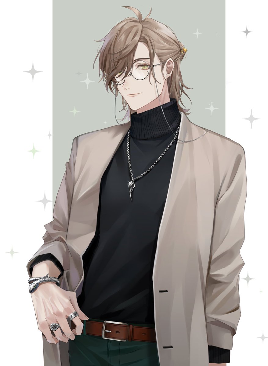 1boy male focus glasses jewelry solo belt brown hair  illustration images