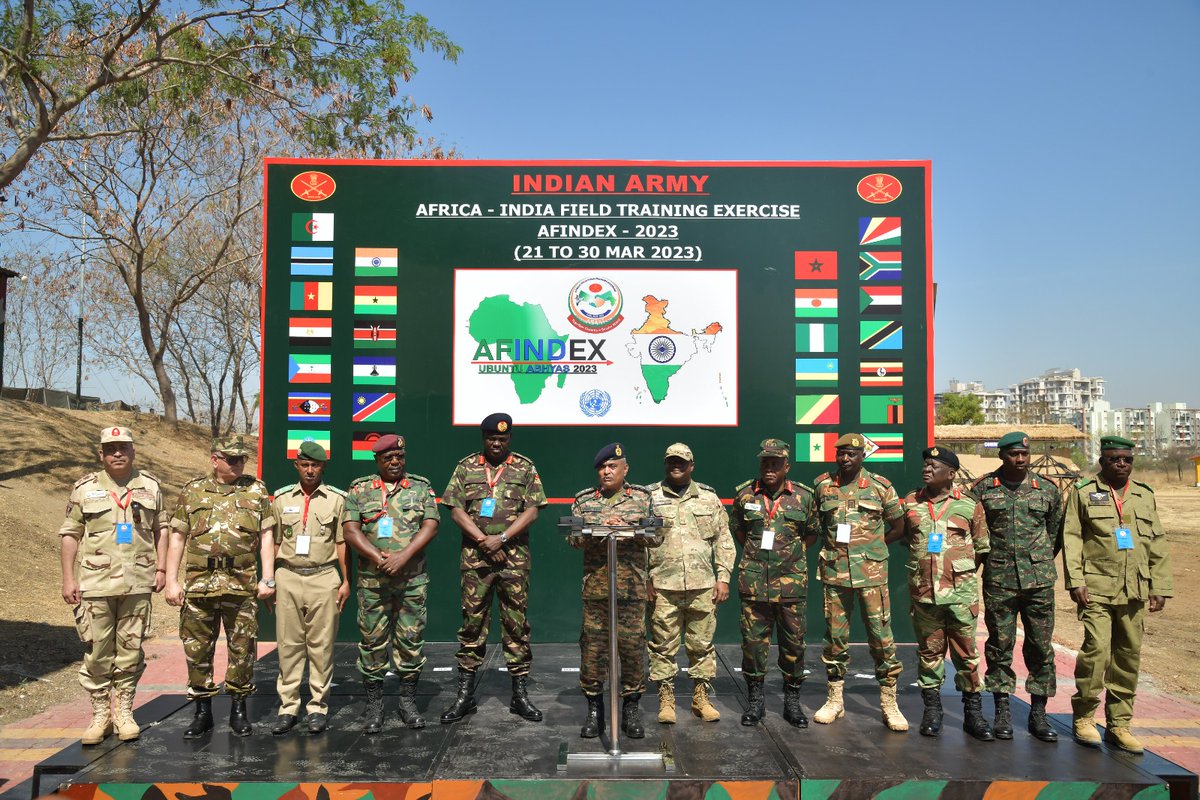 PRODefPune's tweet photo. The 2nd edition of joint military exercise #AFINDEX-2023 culminated today at FTN Aundh #Pune. A total of 25 nations of #African continent with 124 participants & #Indian troops from SIKH, MARATHA & MAHAR Regiments participated in multinational exercise.
https://t.co/ZkBu0BUSkj https://t.co/8W65Q5ZzIN