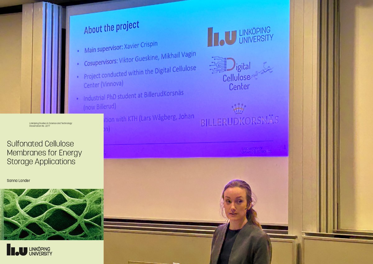 Congratulations to DCC doctoral studen Sanna Lander for successfully defending her thesis "Sulfonated Cellulose Membranes for Energy Storage Applications"!
DOI: 10.3384/9789179295929