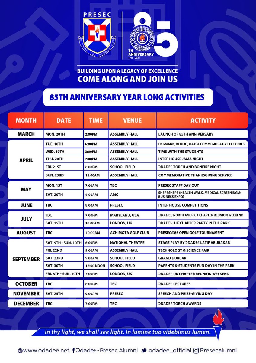 Life is a lot more interesting if you are interested in the people and the places around you.
So, join us this April as we illuminate at the Torch &amp; Bonfire night on Friday 21st April 2023
Ɔdadeɛ for Life!!!!!!

#Odadee4Life
#PRESEC
#PRESECAt85
#WƆYAYA2023