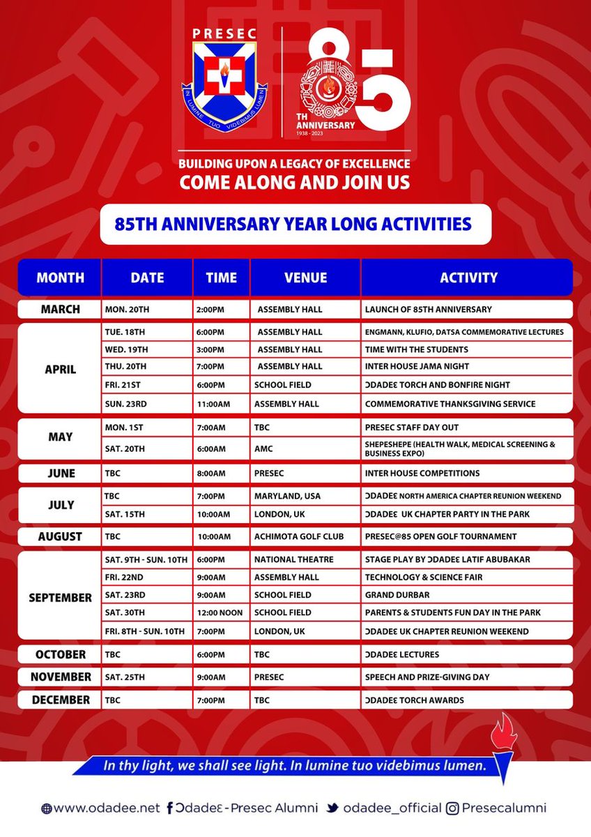 But before that we will first applaud and commemorate our founding fathers; Engmann, Klufio &amp; Datsa on Tuesday 18th April and touch base with our Blue Magicians on Wednesday 19th and Thursday 20th April respectively

Join us Light up these memories with art, music, and culture