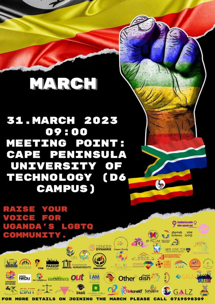 📢 Join us on Friday, 31 March 2023 

CPUT District Six campus at 09h00am as we stand with the 

 #LGBTQ people of #Uganda! 🏳️‍⚧️🏳️‍🌈

The South African government should break their silence and address the regression of human rights!