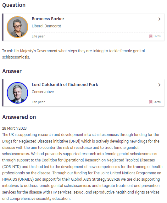 On #IWD2023 we co-hosted a roundtable with <a href="/APPG_HIV_AIDS/">APPG on HIV, AIDS & Sexual Health</a> &amp; @APPGPopDevRep on #FGS which causes painful, yet preventable, sexual &amp; reproductive health complications.

We are grateful to <a href="/LizBarkerLords/">Liz Barker</a> for raising FGS with <a href="/ZacGoldsmith/">Zac Goldsmith</a>, and to <a href="/DNDi/">Drugs for Neglected Diseases initiative</a> for their critical R&amp;D work👇