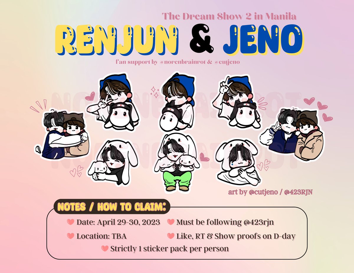 norenbrainrot's tweet photo. 「TDS 2 IN MNL fan support for #런쥔 &amp; #제노 」

↳ we'll be giving sticker packs on concert day!
♡ in collaboration with @cutjeno 
♡ like, rt &amp; mbf @423rjn  
♡ open for donations
♡ more details ⬇️

#젠런 #noren #TDS2inMNL 
#THEDREAMSHOW2_In_A_DREAM https://t.co/0u6cAIxMsw