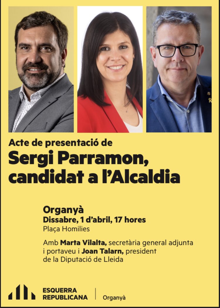 El dissabte 1 d’abril acompanyat del president de la Diputació de Lleida <a href="/LoJoan/">Joan Talarn</a> i la secretaria general adjunta i portaveu <a href="/martavilaltat/">MartaVilaltaTorres🎗</a> em presentaré com a cap de llista d’ERC a Organyà!

📍Plaça Homilies
📆 Dissabte 1 d’abril
🕑17h