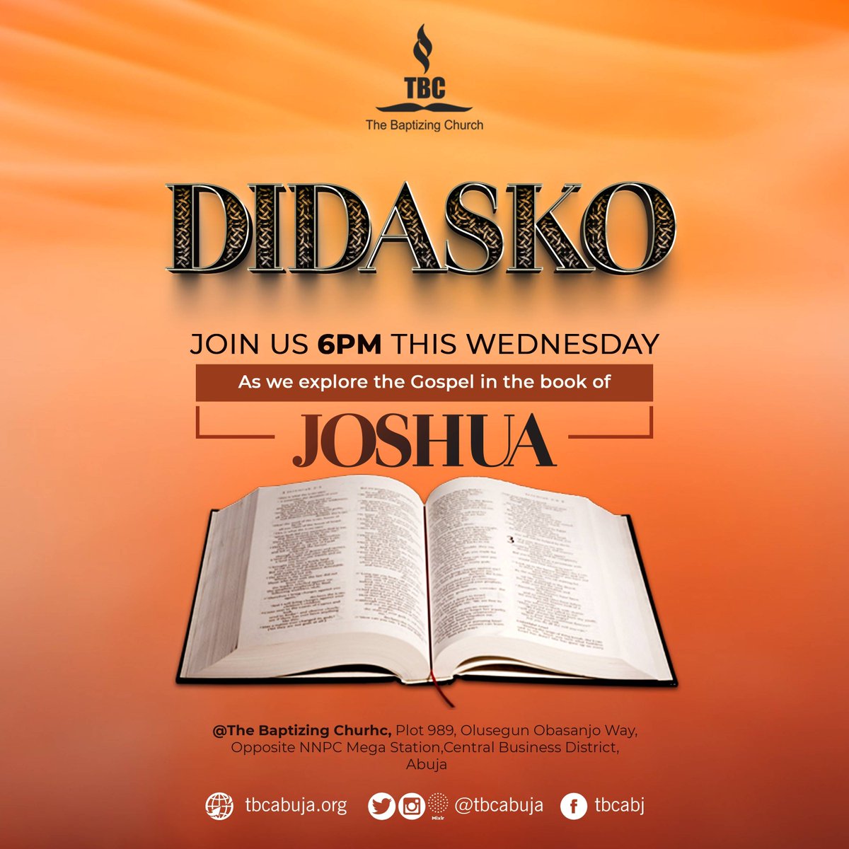 tbcabuja's tweet photo. Every Wednesday, we take time to explore the Gospel in relation to the Old Testament and our everyday lives.
Join us today by 6 p.m. as we look through the pages of Joshua Chapter 13.
We can't wait to see you.
#TBCExcel #Didasko #Biblestudy #Joshua https://t.co/LgQw8QLCvi