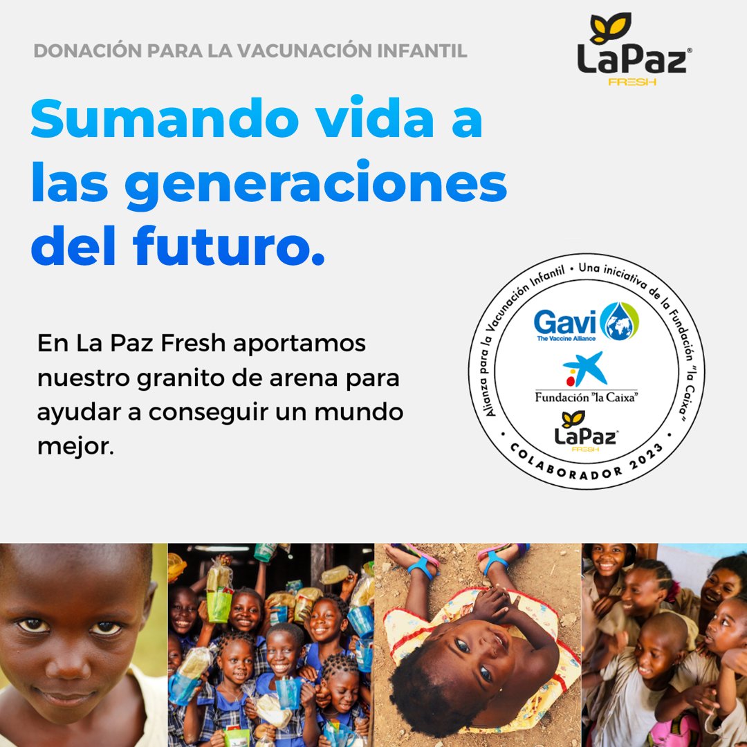 lapazfresh's tweet photo. En #LaPazFresh luchamos para conseguir un mundo mejor. Por eso, donamos y colaboramos con la Alianza para la Vacunación Infantil, creada por @FundlaCaixa y Gavi, the Vaccine Alliance, que suma esfuerzos por salvar la vida de millones de niños que no tienen acceso a las vacunas 💙 https://t.co/C8dbiWhvrY