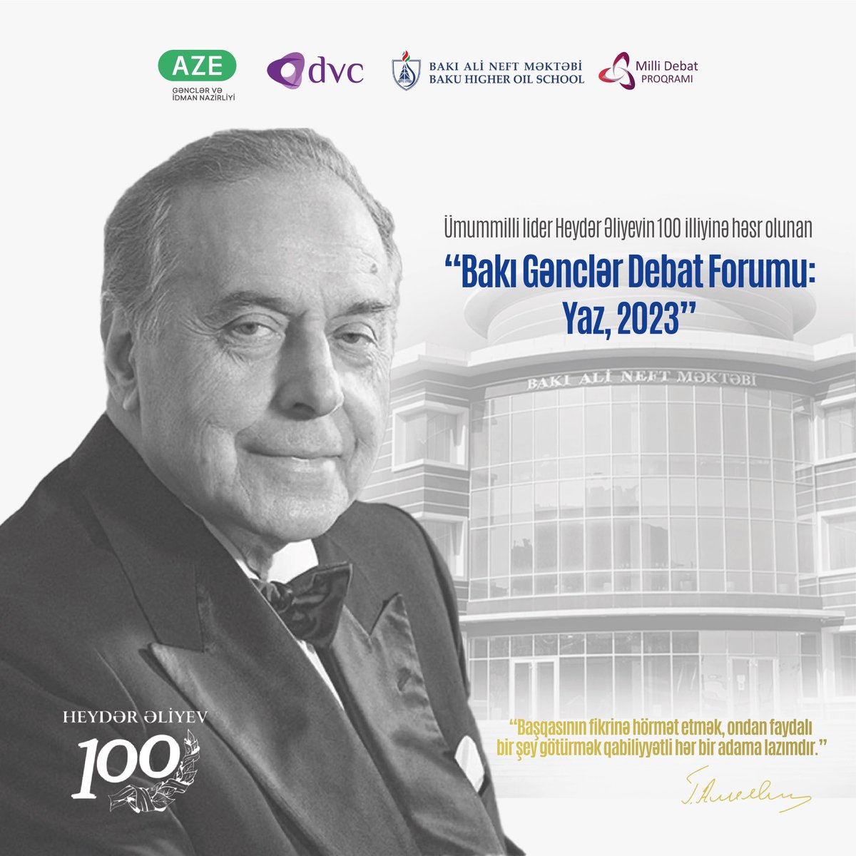 Ən böyük və ənənəvi layihələrdən olan “BGDF: Yaz, 2023” Gənclər və İdman Nazirliyi dəstəyi, DVC-nin təşkilatçılığı və SOCARın Baki Ali Neft Mektebinin ev sahibliyi ilə 13-14 may tarixlərində keçiriləcək.
 
Ətraflı: facebook.com/10007612486708… 

#HeydərƏliyev100 #DVC