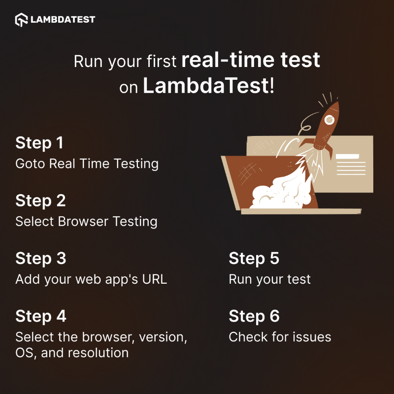 testmuai's tweet photo. SNEAK PEEK!🤩🤗
Now overcoming bugs and compatibility issues becomes seamless with this quick step-by-step guide on running real-time tests with LambdaTest.

Run your free test ⬇️
https://t.co/24rjUFiGwu

#LambdaTestYourApps #RealTimeTesting #CrossBrowserTesting
