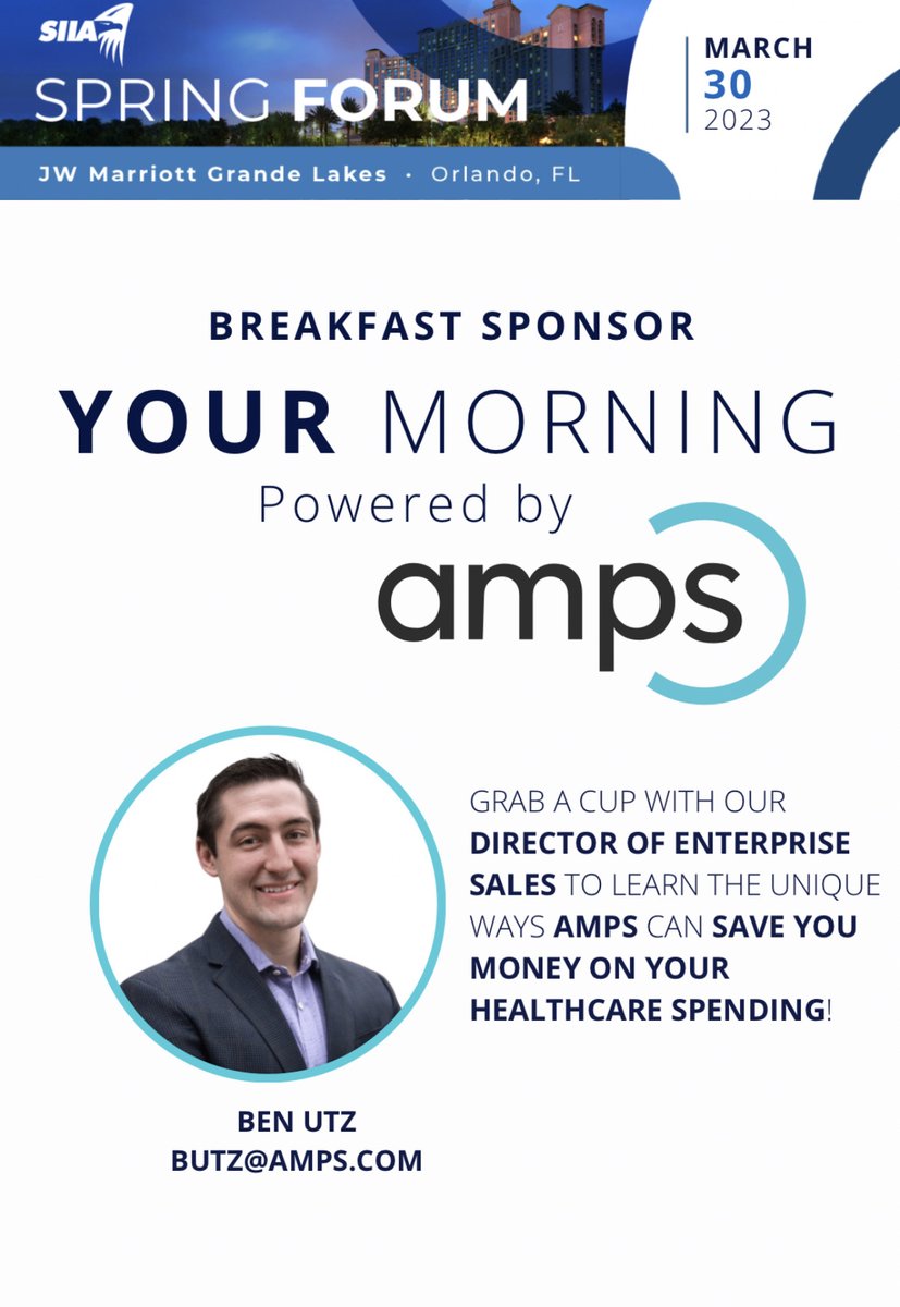 Start your day with Ben Utz as #AMPS sponsors Your Morning breakfast at the 2023 #SIIASpringForum in #Orlando , Florida on March 30, 2023 at JW Marriott Grande Lakes. 

#healthcare  #medical #tpa #broker #selffunded #costcontainment #fairmedicalpricing #insurance