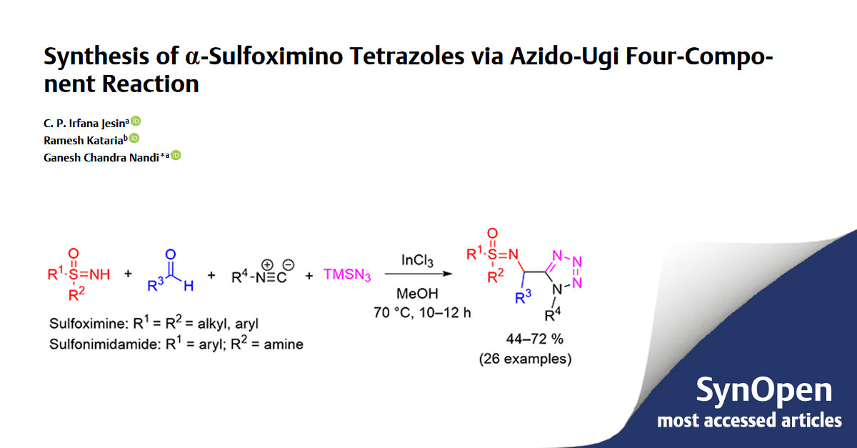 thiemechemistry's tweet photo. The third #mostaccessed #SynOpen article is about the ’Synthesis of α-Sulfoximino Tetrazoles via Azido-Ugi Four-Component Reaction‘. Read the full text by Ganesh Chandra Nandi and colleagues from India (@OfficialPU @ReachNITT) 👉
https://t.co/ynfsivxKpi https://t.co/JdafHyCmzV