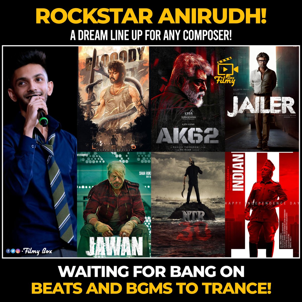 #Anirudh Era🔥💥
#RockstarAnirudh #Leo #Ak62 #Jailer #Jawan #Ntr30 #Indian2 #Tamil #Telugu #Hindi #AnirudhSongs #FilmyBox