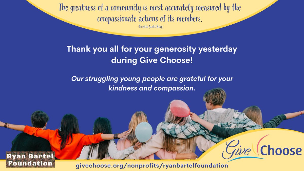 Thank you to this most compassionate community. You showed up yesterday to help prevent youth suicide and we are so grateful.
ryanbartelfoundation.org

Building resilient teens to prevent youth suicide.
#givechoose #givechoose2023 #ryanbartelfoundation #youthsuicideprevention