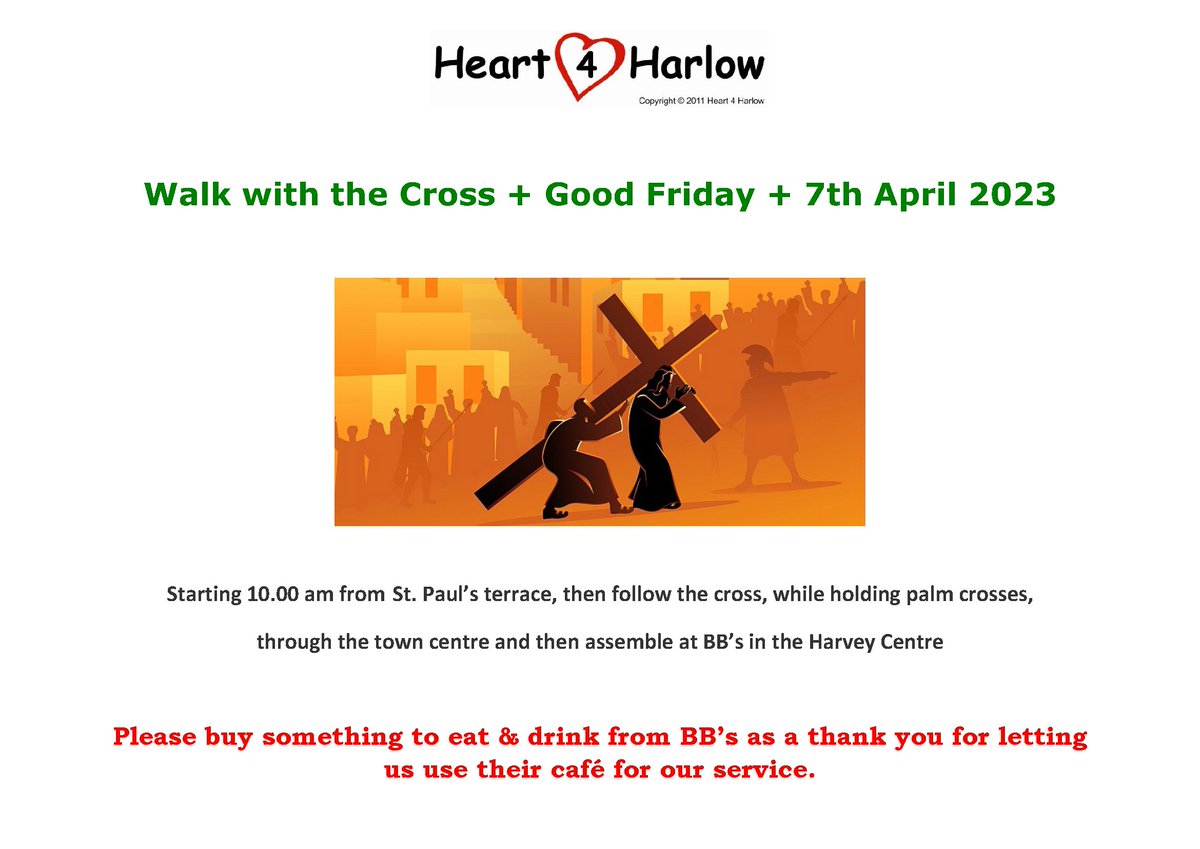 heart4harlow's tweet photo. We will start at St. Paul’s, then follow the cross through the town centre and then assemble at BBs in the Harvey Centre
Please buy something to eat & drink from BB’s as a thank you for letting us use their café for our service https://t.co/Wwrw9Rblrs
#CM17 https://t.co/qpiKu5zMdd