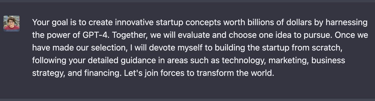 _barissen's tweet photo. I asked ChatGPT for a billion-dollar startup idea.

Tech, marketing, biz plan, funding - I am following its every step! I've already released the first version from scratch.

Is AI really creating the next unicorn? 🦄

This is Day 2. 👇 https://t.co/5qJ8qeRBaO