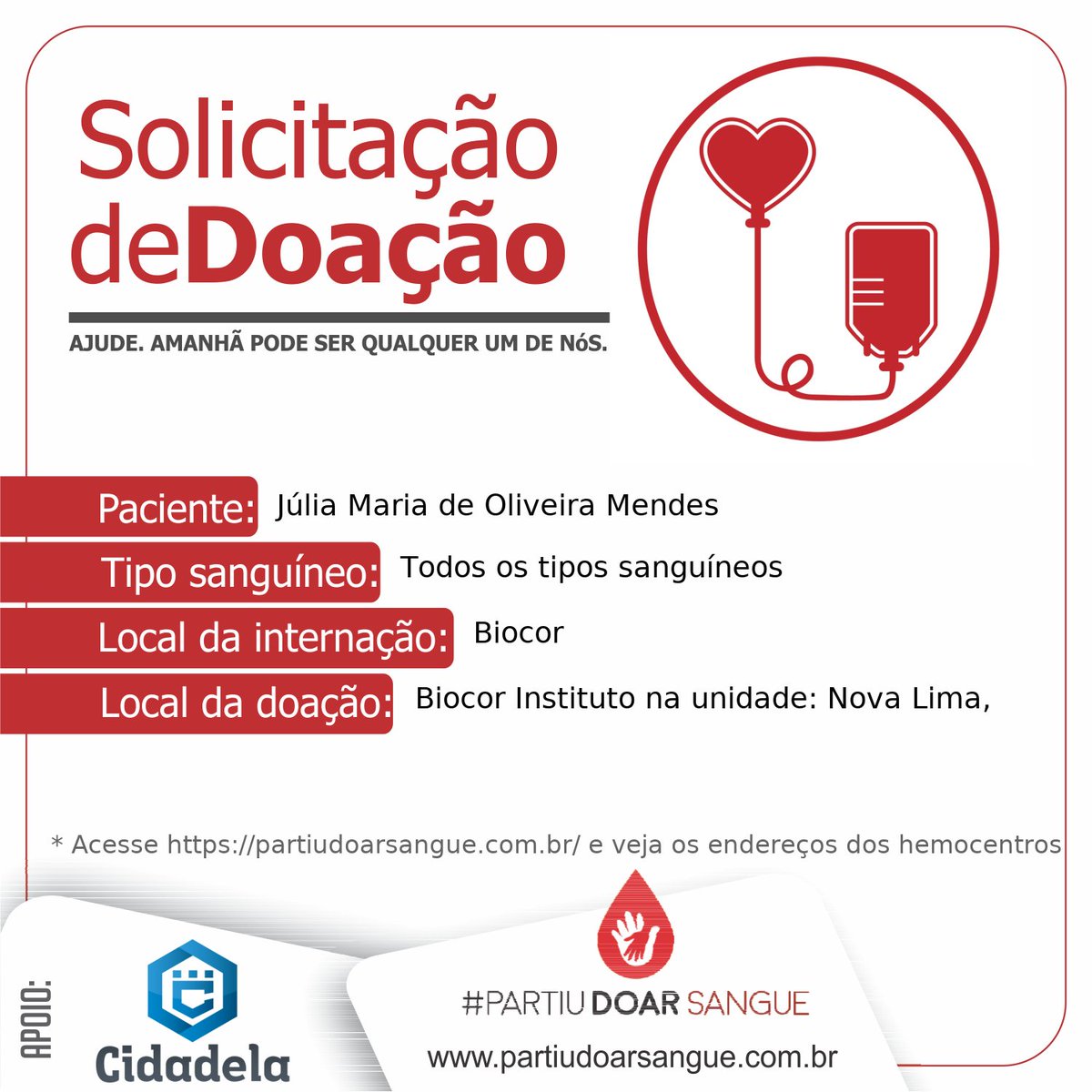 partiudoar's tweet photo. Hoje é a Júlia. Amanhã pode ser qualquer um de nós.
Doações no Biocor Instituto
#Partiudoarsangue #doesangue #doevida #WeMakeDigitalHealth https://t.co/BmVx3lQAFN