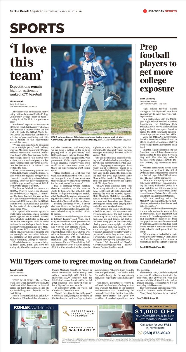 Check out #KCCBaseball on the cover of today's @bcenquirer Sports section! Go Bruins! @KelloggBruins @BruCrewBB @BaseballKellogg @bcesports @MichCCAA