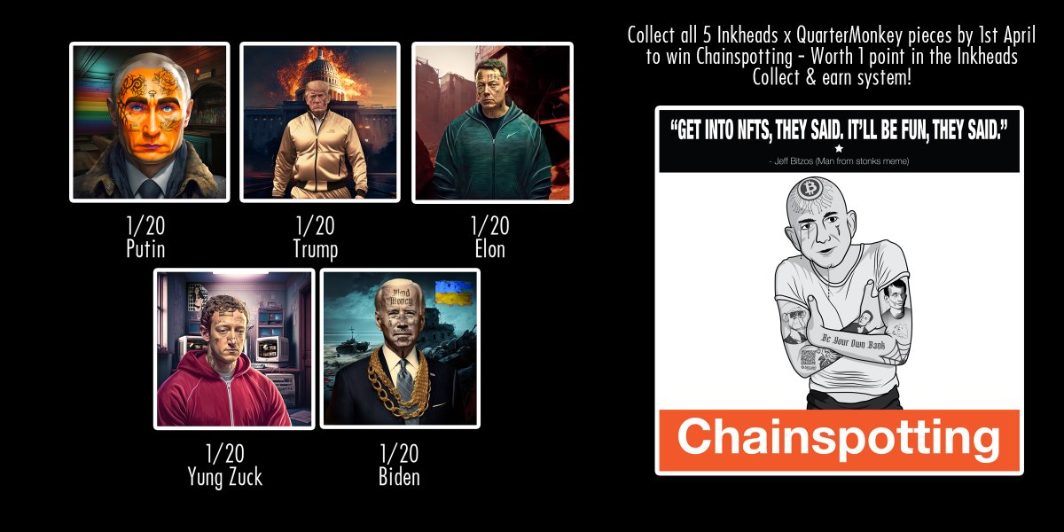 🚨🚨 GIVEAWAY 🚨🚨

4 x QuarterMonkey x Inkheads | ELON

Collect all 5 from the series by end of month to win 'Chainspotting' worth 1 point in the rewards system!

1⃣ RETWEET
2⃣ Follow @inkheads_nft &amp; <a href="/joseph24359943/">chronic.loopring.eth quartermonkey.eth</a>
3⃣ Comment ENS

Draw in 24H