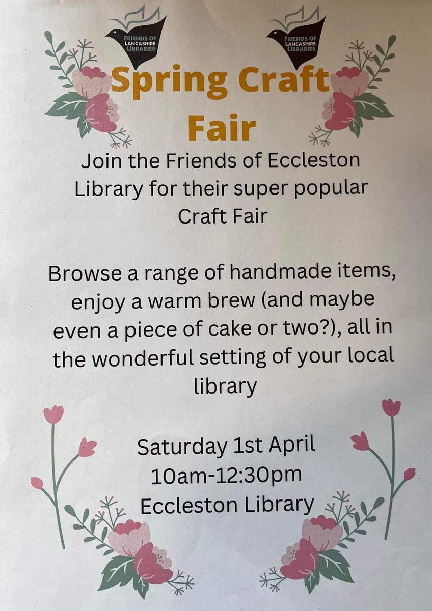 This Saturday at Eccleston Library. Look forward to seeing you there.