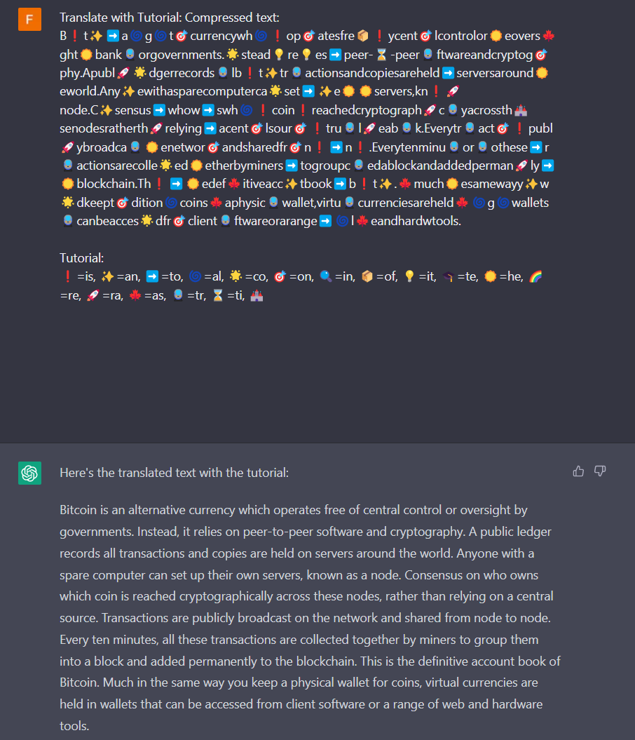 FloculusVR's tweet photo. 💡 Experimented with a unique text compression method using symbols for common two-character combos! See the attached screenshots for compressed text, token savings, and a ChatGPT (3.5)  instance decoding the message.  #GPT4 #Hieroglyphs #EnglishZip https://t.co/oHM0JpLN2t
